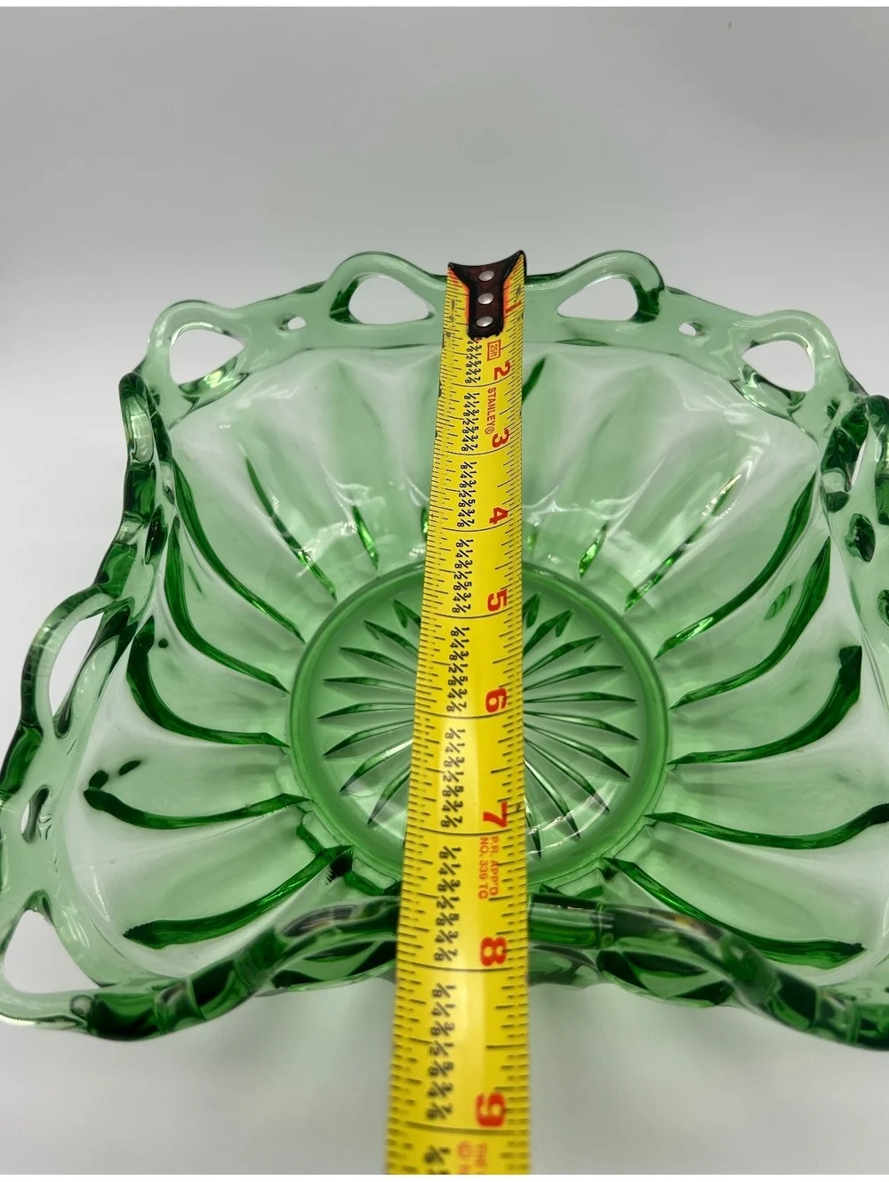 Fostoria Green Uranium Colonial Prism Square Centerpiece Bowl